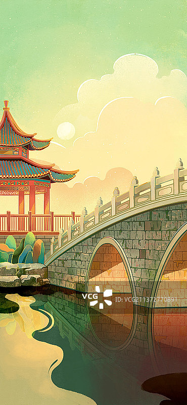 清晨湖面的凉亭和石桥图片素材