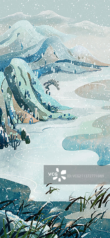 中国风山水下雪场景图片素材