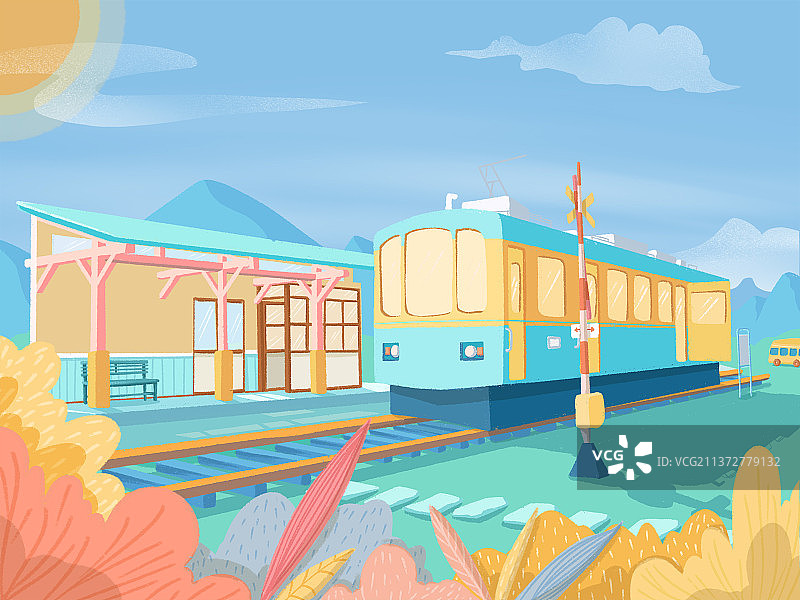 治愈系铁轨列车暖阳风景图片素材