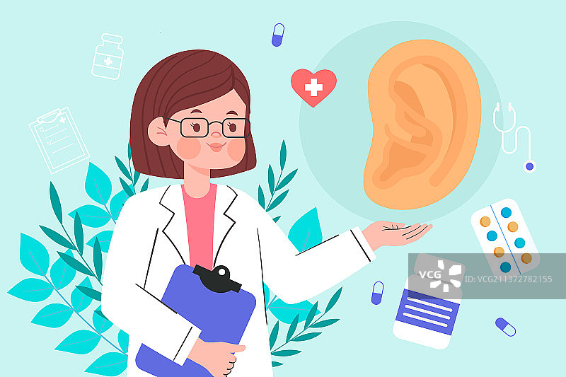 医生治疗耳朵相关疾病矢量插画图片素材