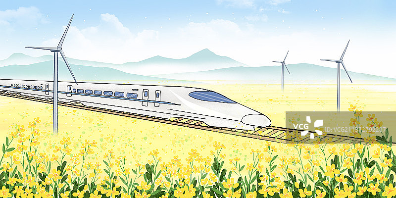古典乡村江南油菜花田风力发电高铁动车风景画图片素材