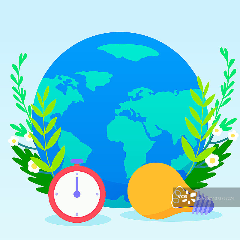 地球一小时节能减排绿色环保节约用电插画图片素材