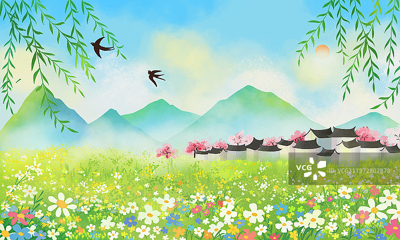春天水彩水墨乡村舂分插画图片素材