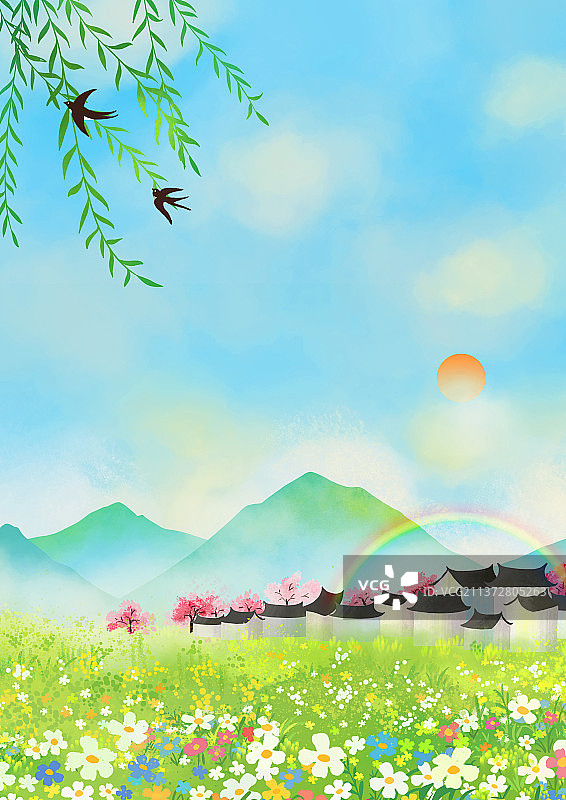春天田园风景插画图片素材
