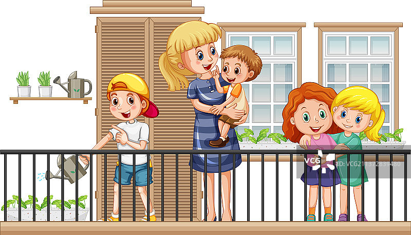 阳台场景：女人和孩子们图片素材
