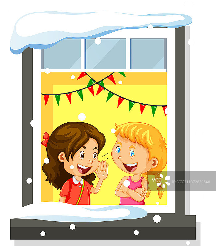 透过窗户看两个女孩在聊天图片素材