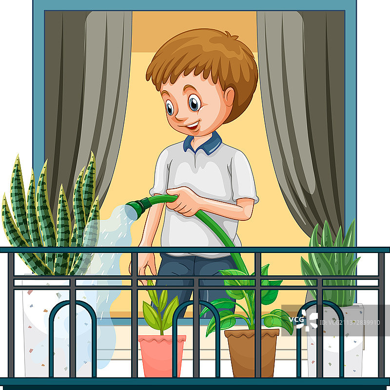 男人站在阳台上浇花图片素材