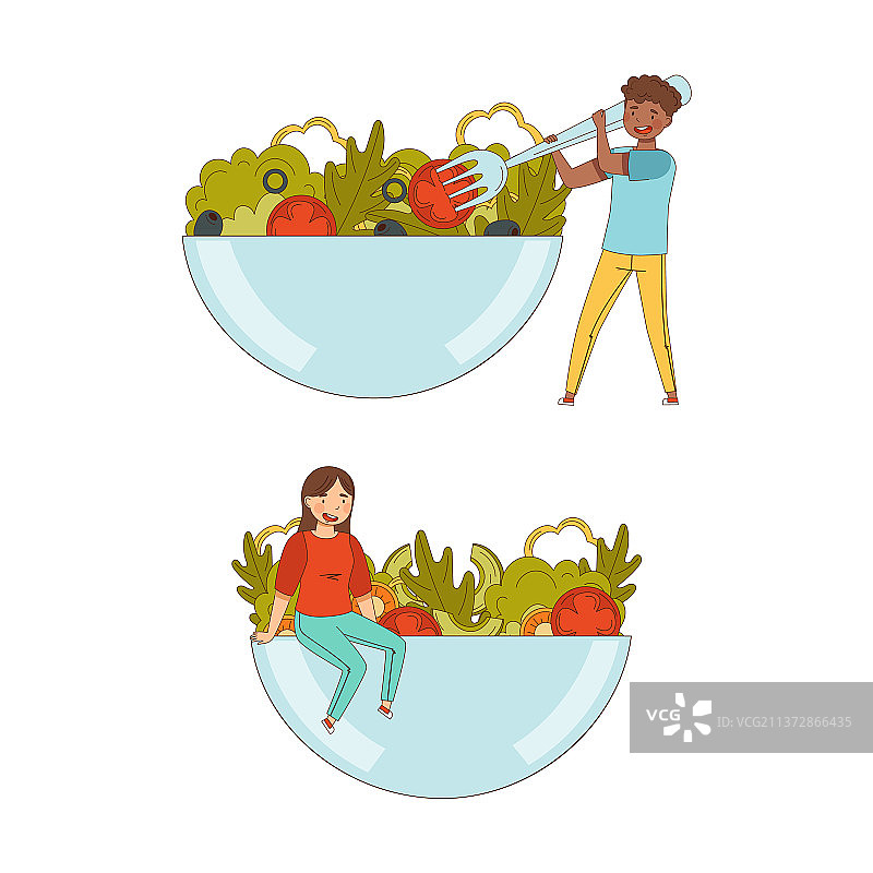 男女烹饪蔬菜沙拉，健康饮食图片素材