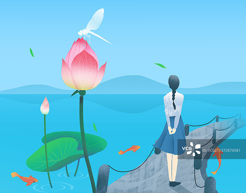 二十四节气 立夏荷花女孩金鱼图片素材