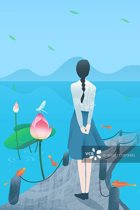 二十四节气 立夏荷花女孩金鱼图片素材