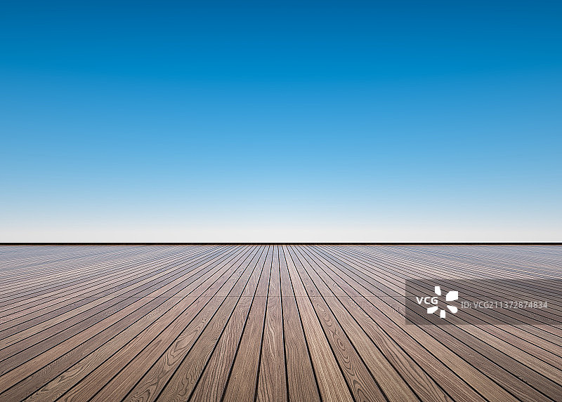 蓝天白昼木地板展台背景图片素材