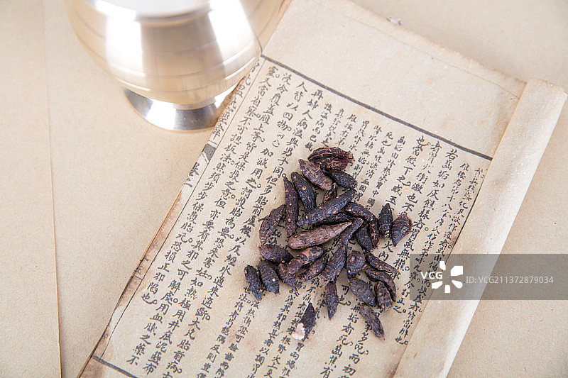 医书上的药材和旁边的药杵图片素材