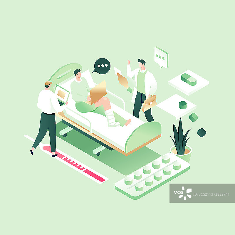 卡通2.5D等距二维微立体互联网科技概念商务医疗健康医护住院保险体检治疗方案门诊挂号看病渐变矢量插画图片素材