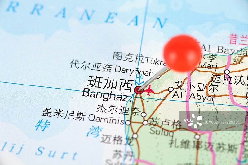 利比亚城市班加西在地图上的位置标注图片素材
