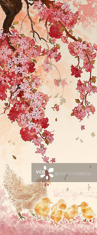 落樱缤纷小鸡啄米图图片素材