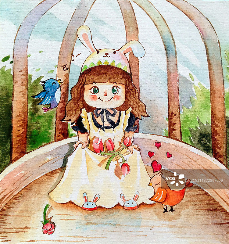 女孩与笼子里的小鸟相依相伴图片素材