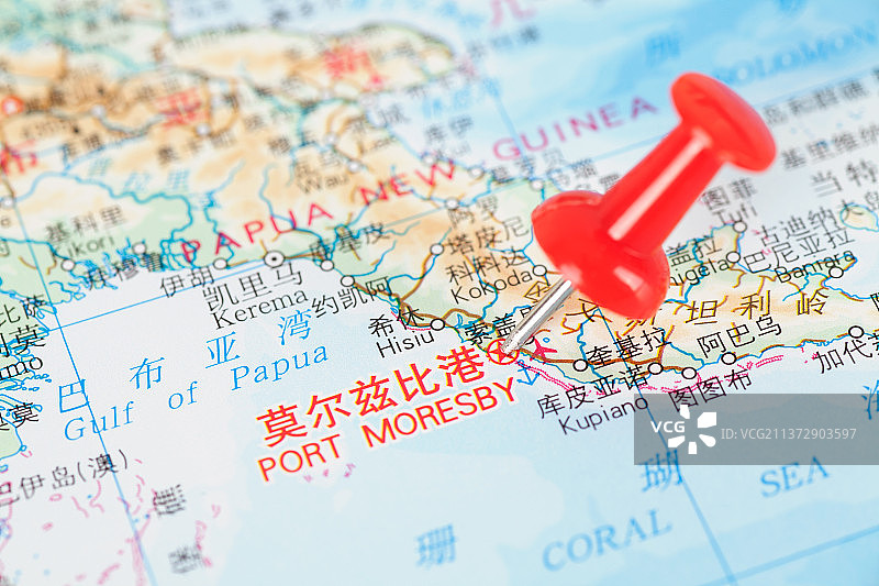 巴布亚新几内亚首都莫尔兹比港在地图上的定位标注图片素材