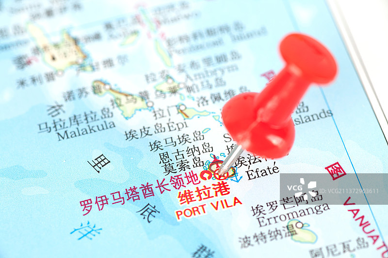 瓦努阿图首都维拉港在地图上的定位标注图片素材