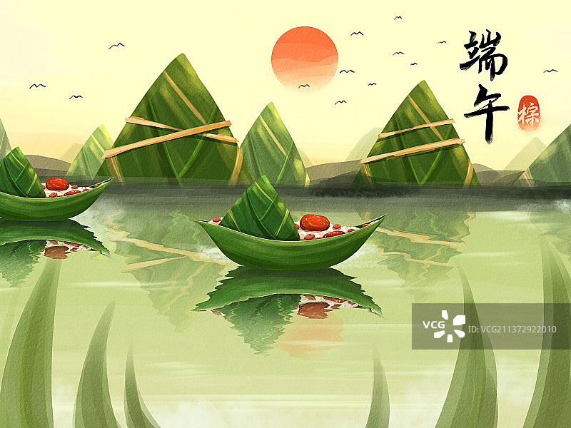 唯美意境端午节粽船山水插画图片素材