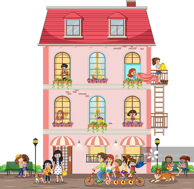 带卡通邻居的公寓窗户图片素材