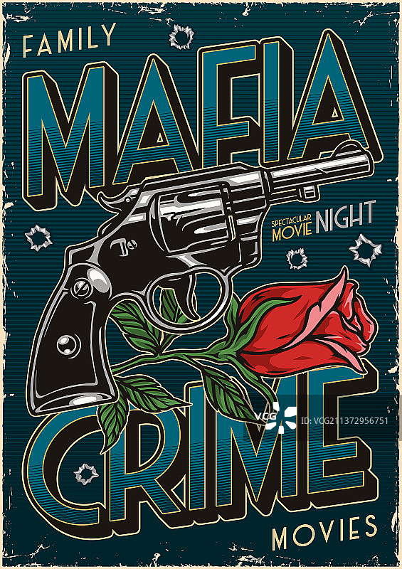 左轮手枪与玫瑰复古海报图片素材