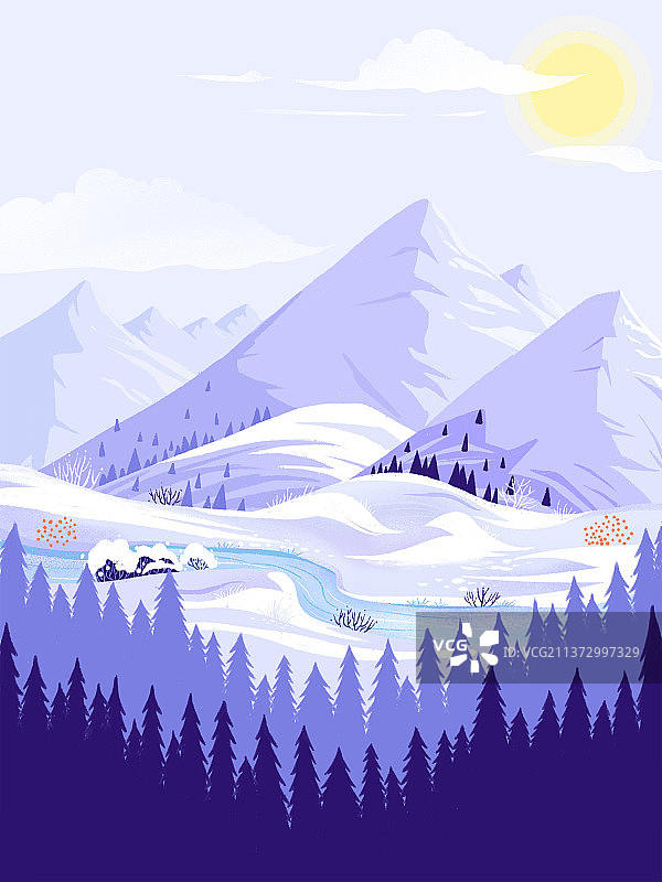 包装插画梦幻紫色调雪山风景海报图片素材
