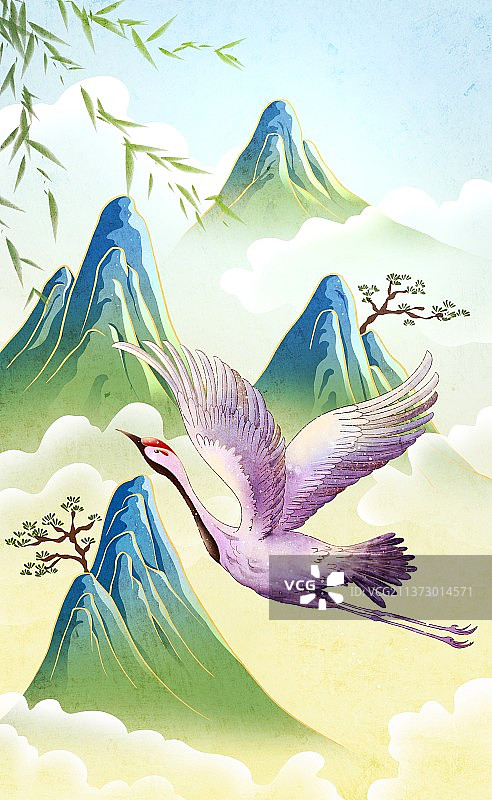 春天户外仙鹤飞翔风景插画图片素材