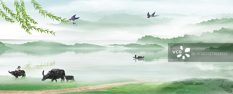 中国风节气山水风景插画背景图片素材