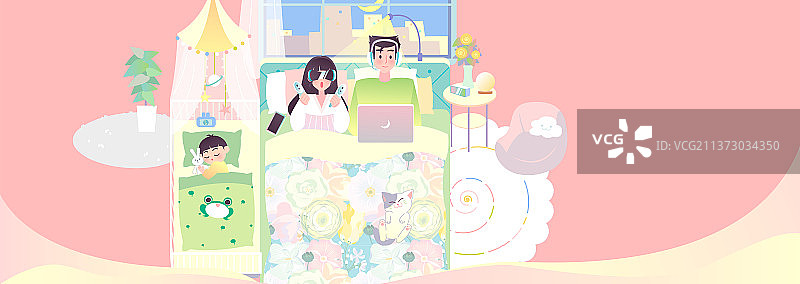一家三口在卧室孩子休息爸爸妈妈各自娱乐横板图片素材