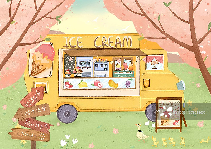 樱花下的冰淇淋车图片素材