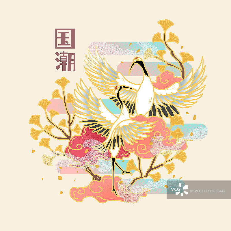 国潮山水仙鹤图片素材