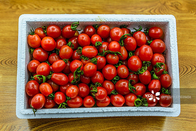 白色泡沫箱内盛放的小番茄图片素材