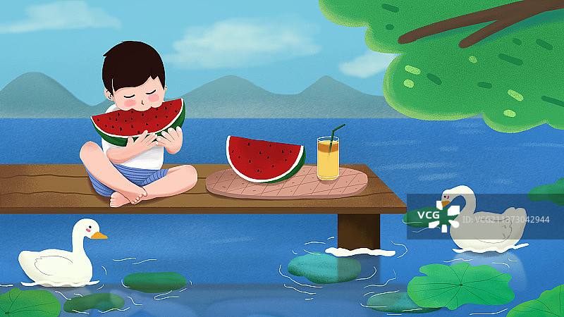 可爱卡通儿童夏日吃西瓜肌理插画图片素材