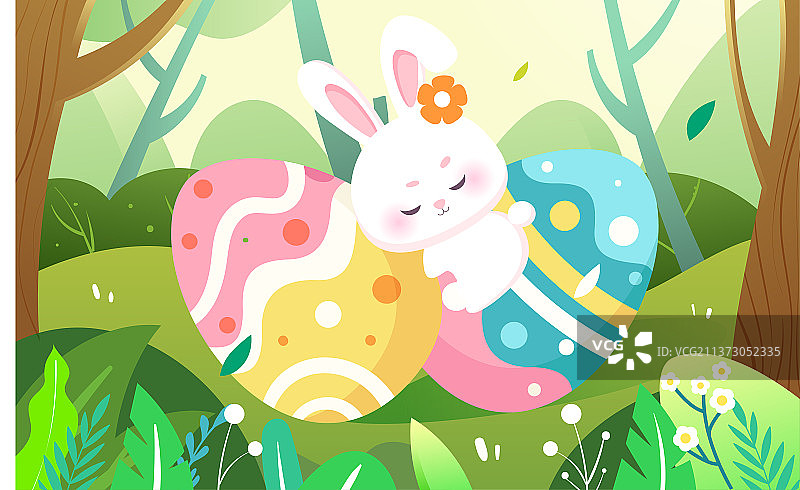 庆祝复活节兔子彩蛋插画春天森林动物海报图片素材
