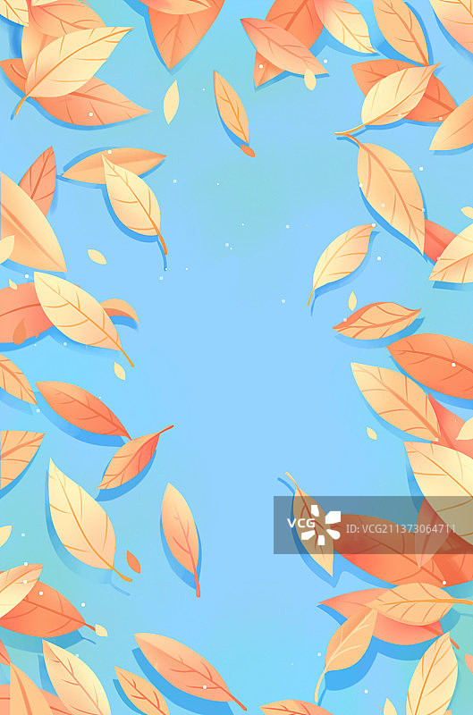 金秋落叶搭配淡蓝色背景，卡通创意风景插画图片素材