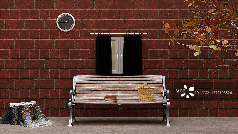 窗外秋景，砖墙边的空长椅图片素材