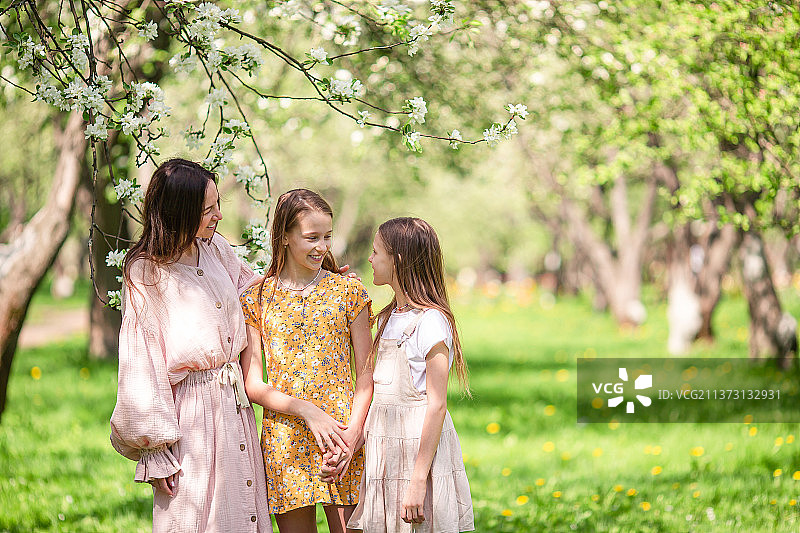 在盛开的樱花园里，可爱的小女孩和年轻的母亲图片素材