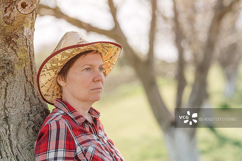 塞尔维亚有机核桃园里的女农民肖像图片素材