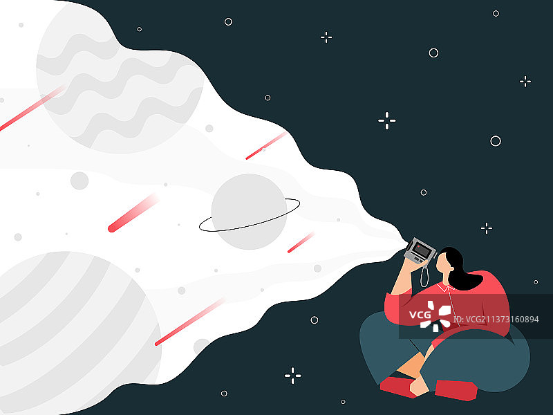 女生用摄像机看宇宙图片素材