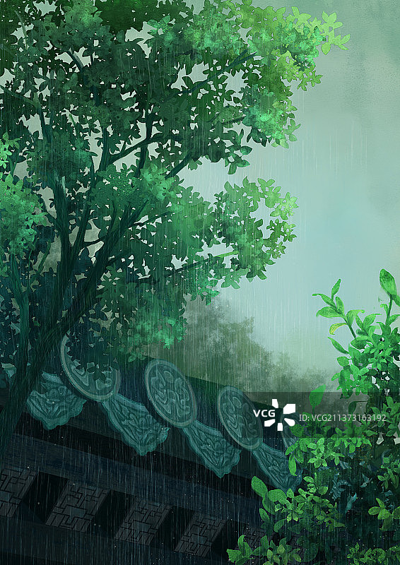 雨中屋檐朦胧植物风景古风中式复古图片素材