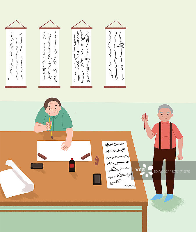 扁平风老年公寓社区活动老年人业余爱好写书法国粹生活方式插画图片素材