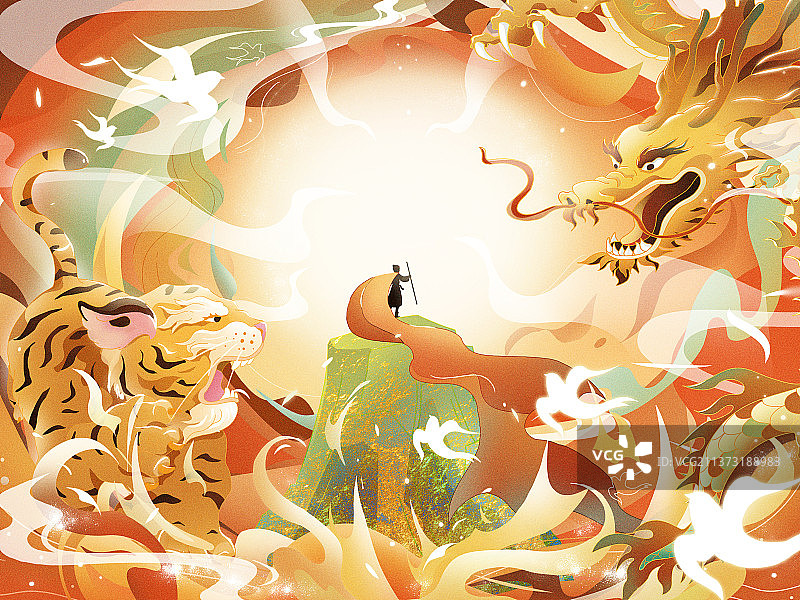 龙和虎气势汹汹国潮插画图片素材