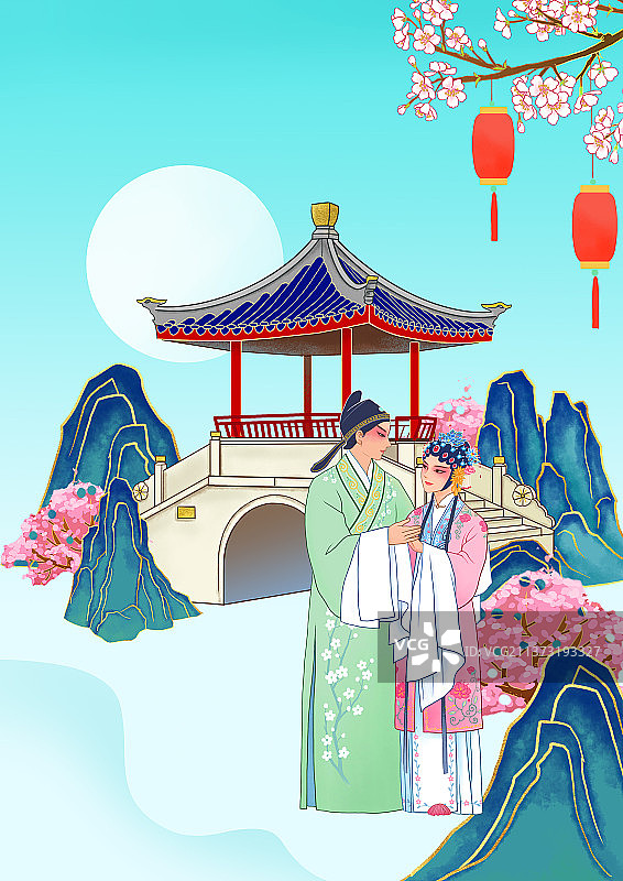 国风戏曲亭子桥山石月夜图图片素材
