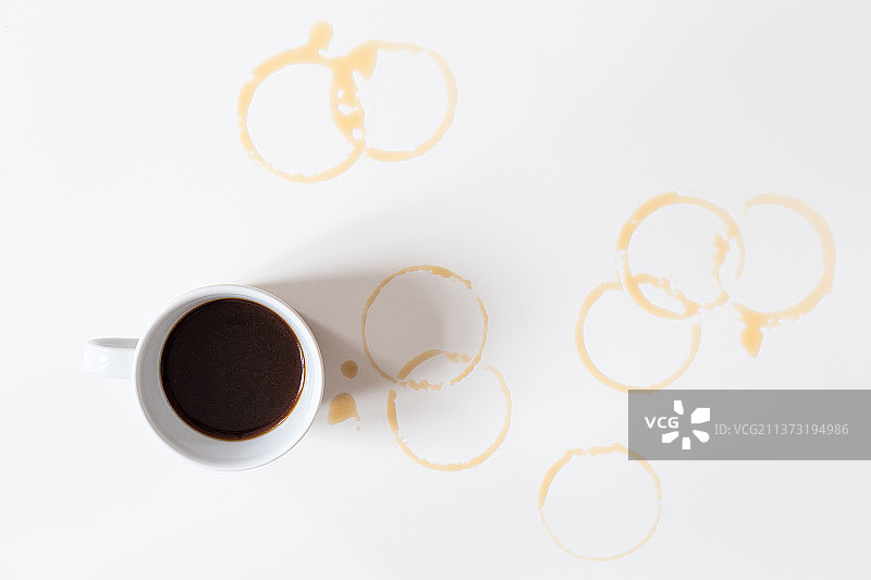 俯视白色桌面上带有水渍的咖啡杯图片素材