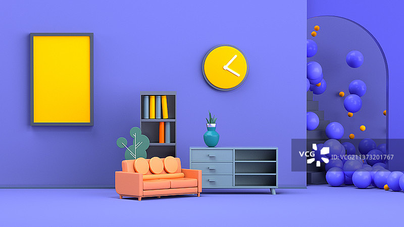 3D渲染卡通简约家居场景插画图片素材