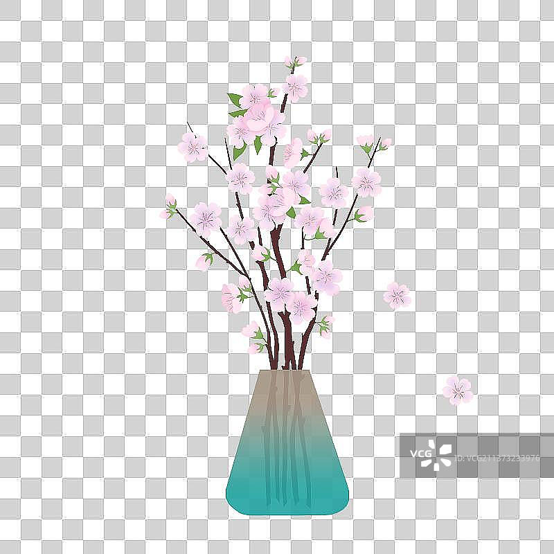 白色背景上一个花瓶插着几枝樱花枝海报元素图片素材
