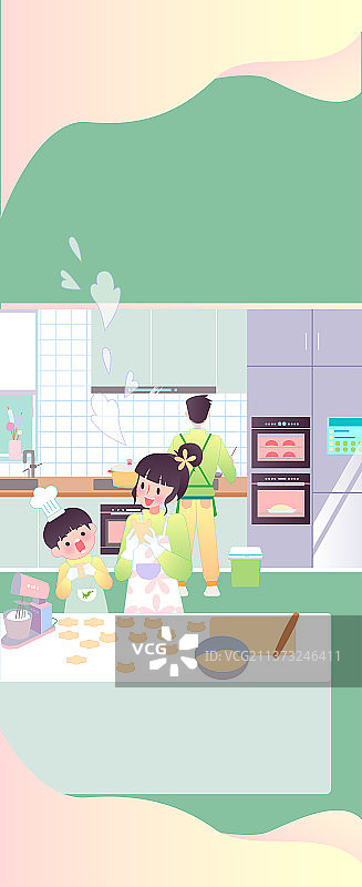 爸爸妈妈孩子一起在厨房用智能家电做饭竖版图片素材