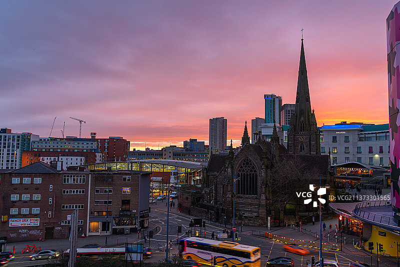 夕阳下的英国伯明翰,教堂, 市中心 Birmingham, England, UK图片素材