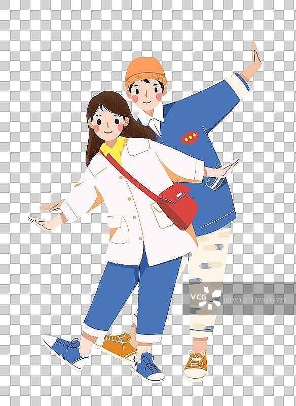 小清新治愈系扁平插画一对做飞行动作的情侣图片素材