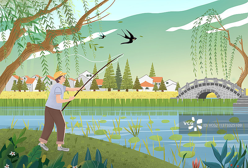 春天柳树下男孩子钓鱼小桥流水江南风景图片素材